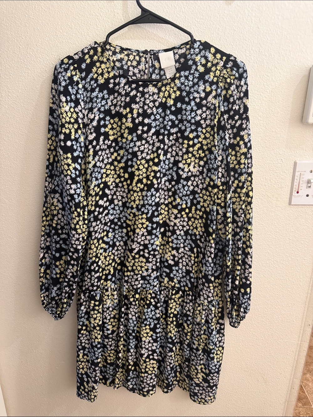 Oversized H&M Black Long-Sleeve Mini Dress with Yellow & Light Blue Floral Print